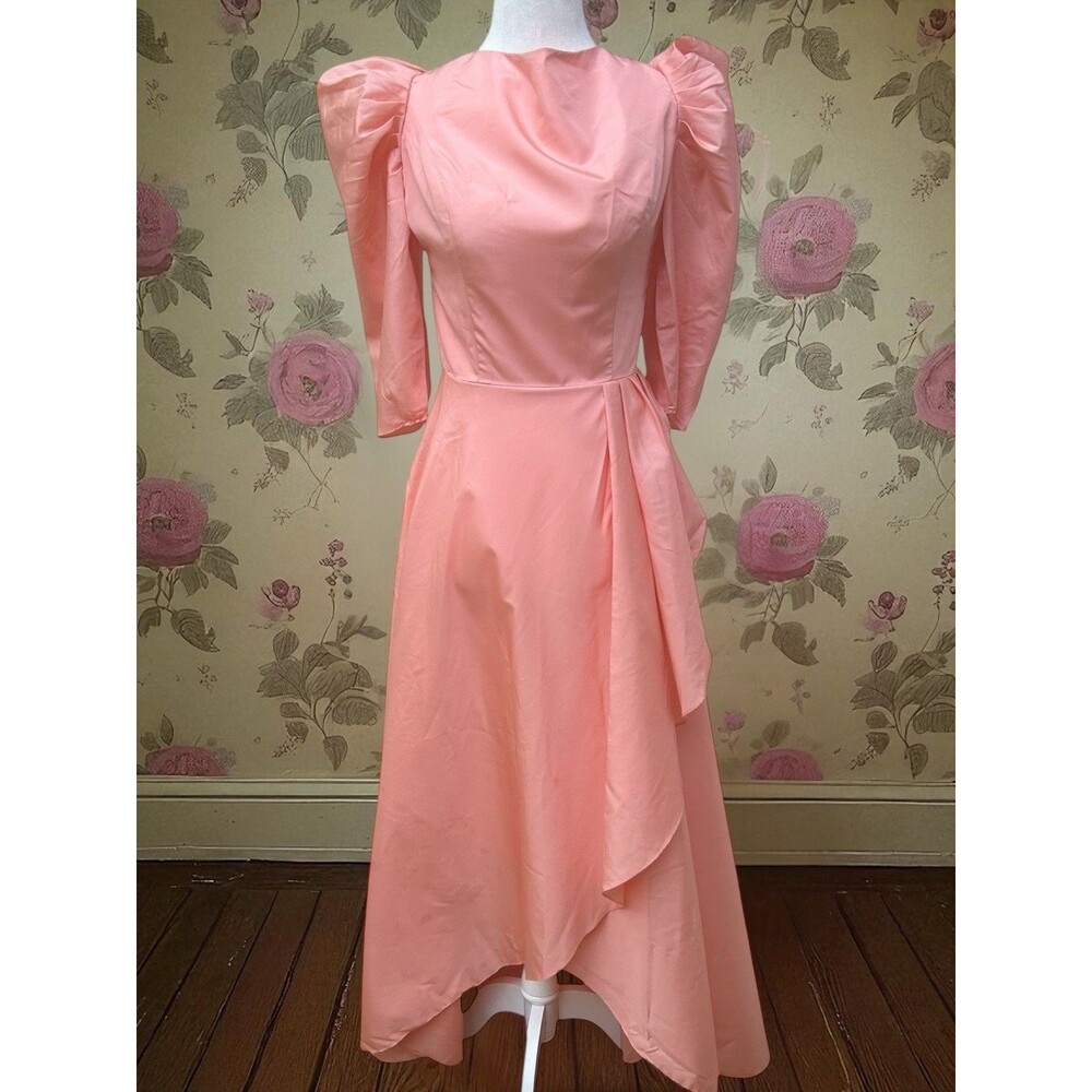 Vintage 1980s Prom Dress Pink Satin Gown Puff Sleeve Princess Victorian 28”w S